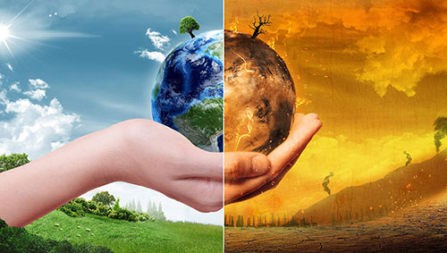 Montaje de mano sosteniendo el planeta tierra y el Cambio climático