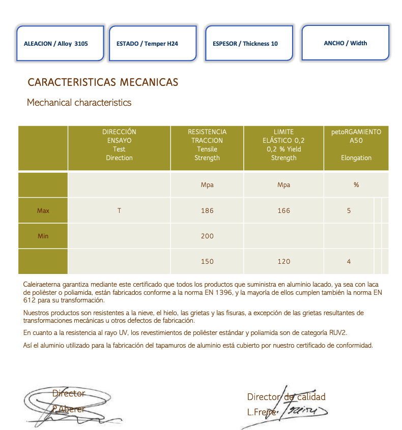 Certificado de calidad de materiales del vierteaguas de aluminio de Canalum